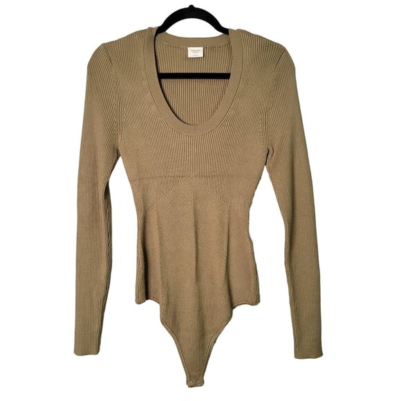 Abercrombie & Fitch Women's L Scoop Neck Rib Knit Bodysuit Olive Green Long Slee - Picture 1 of 6